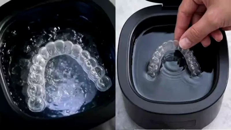 Hvit DentaSonic ultralydrenser i stilig eske med ladestasjon